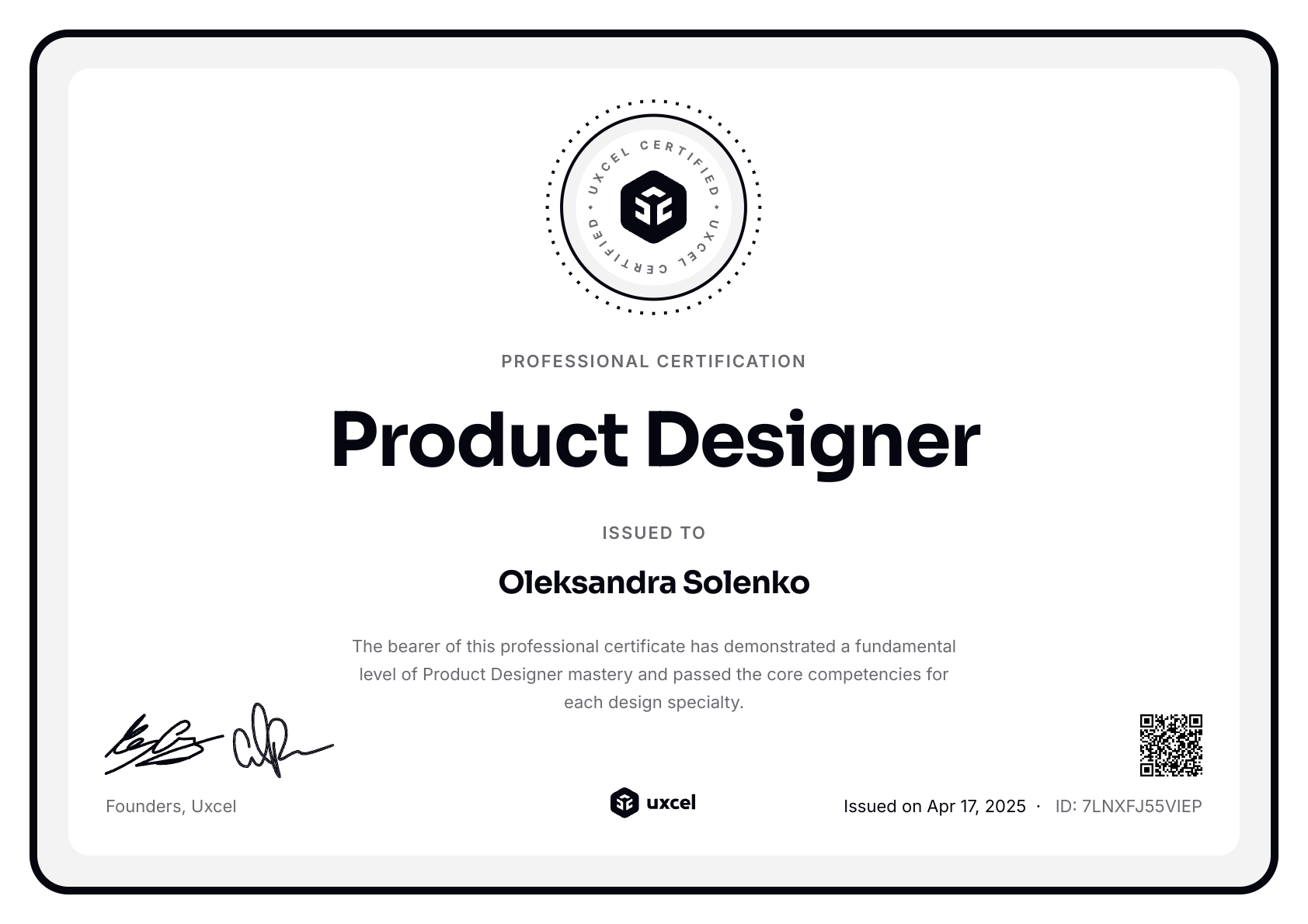 Oleksandra Solenko's certificate